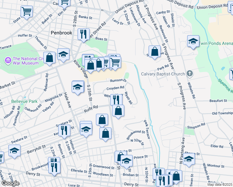 map of restaurants, bars, coffee shops, grocery stores, and more near 2962 Wilson Parkway in Harrisburg