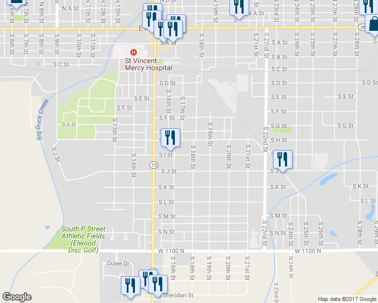 map of restaurants, bars, coffee shops, grocery stores, and more near 1624 South I Street in Elwood