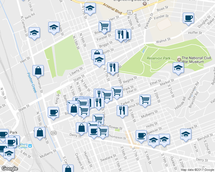 map of restaurants, bars, coffee shops, grocery stores, and more near 1632 Regina Street in Harrisburg