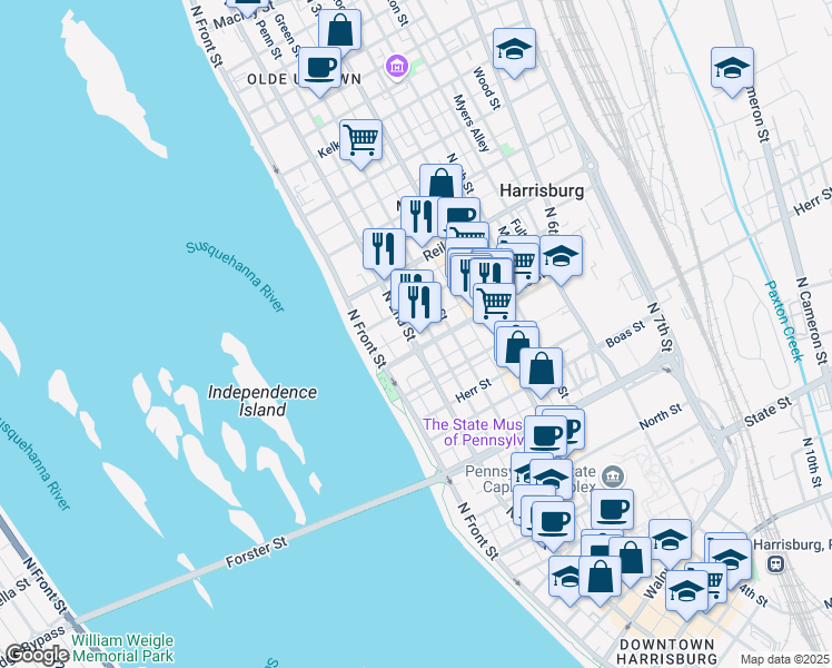 map of restaurants, bars, coffee shops, grocery stores, and more near 1305 North 2nd Street in Harrisburg