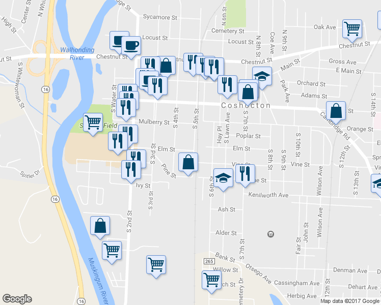 map of restaurants, bars, coffee shops, grocery stores, and more near 421 S 5th St in Coshocton