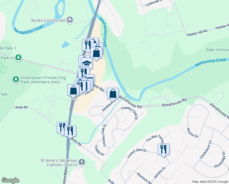 map of restaurants, bars, coffee shops, grocery stores, and more near 702 Eagle Lane in Doylestown