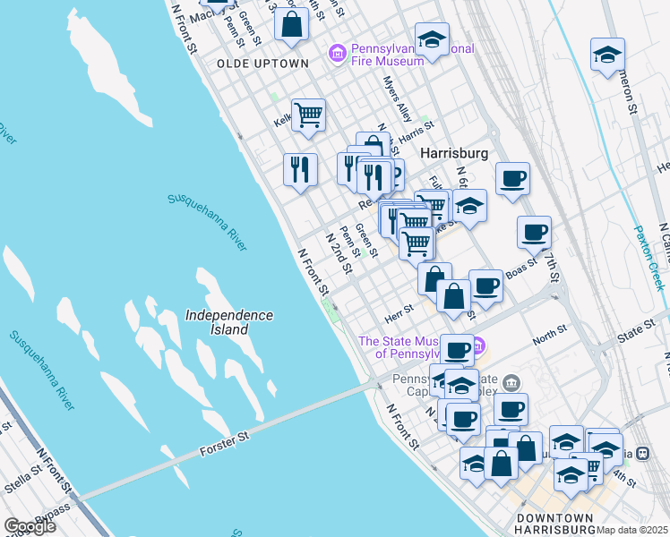 map of restaurants, bars, coffee shops, grocery stores, and more near 124 Sayford Street in Harrisburg