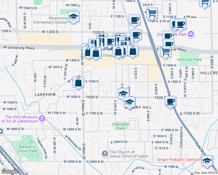 map of restaurants, bars, coffee shops, grocery stores, and more near 149 East 1500 South in Orem