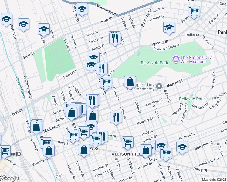 map of restaurants, bars, coffee shops, grocery stores, and more near 1725 Regina Street in Harrisburg