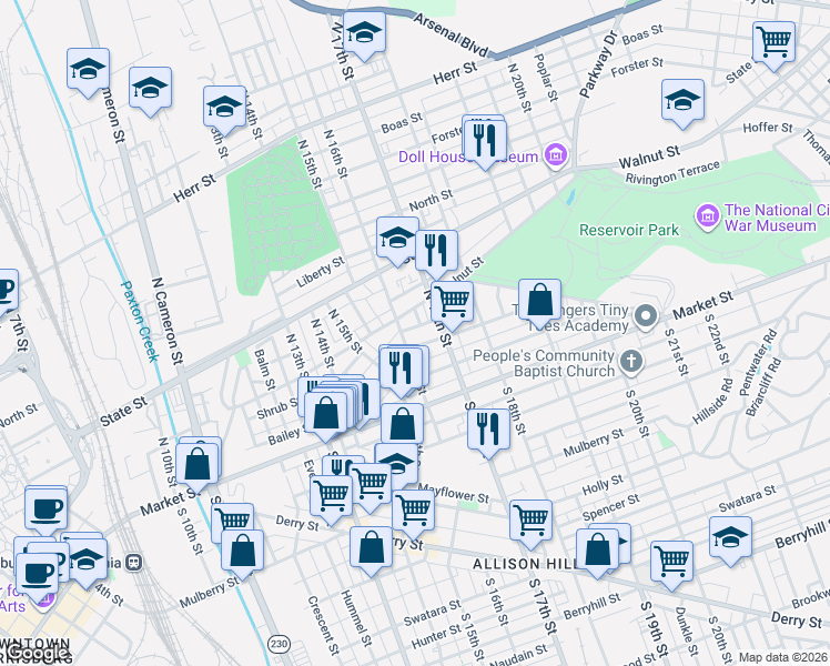 map of restaurants, bars, coffee shops, grocery stores, and more near 1632 Regina Street in Harrisburg