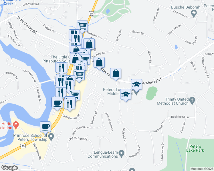 map of restaurants, bars, coffee shops, grocery stores, and more near 240 Cedar Hill Drive in Canonsburg