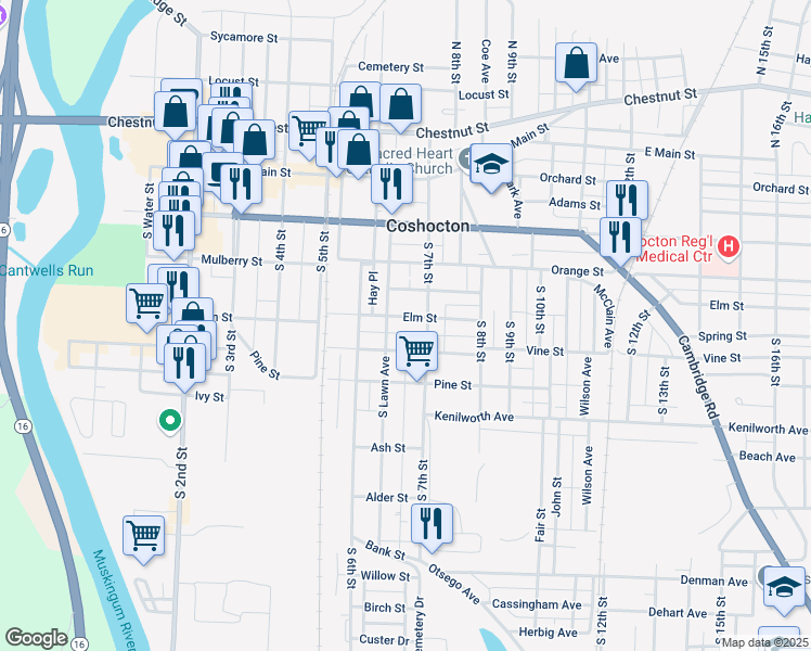 map of restaurants, bars, coffee shops, grocery stores, and more near 510 South Lawn Avenue in Coshocton
