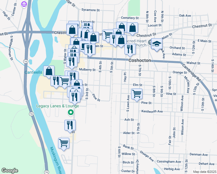 map of restaurants, bars, coffee shops, grocery stores, and more near 421 South 5th Street in Coshocton