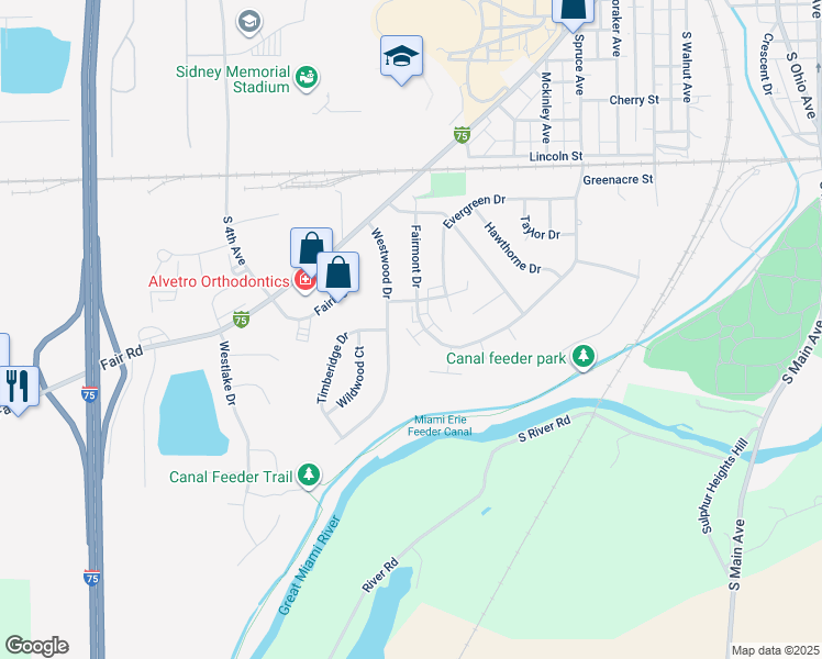 map of restaurants, bars, coffee shops, grocery stores, and more near 1520 Spruce Avenue in Sidney