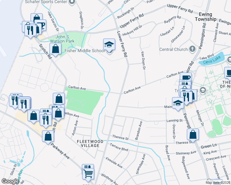map of restaurants, bars, coffee shops, grocery stores, and more near 100 Carlton Avenue in Ewing Township