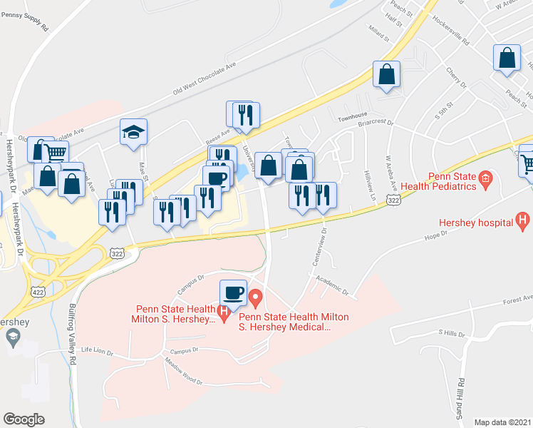 map of restaurants, bars, coffee shops, grocery stores, and more near 11 University Drive in Hershey