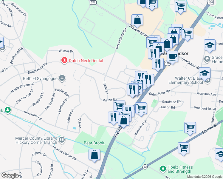 map of restaurants, bars, coffee shops, grocery stores, and more near 4 Pierce Road in East Windsor
