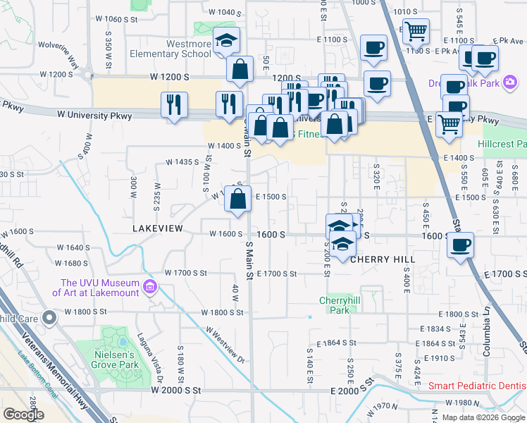 map of restaurants, bars, coffee shops, grocery stores, and more near 1544 South 50 East Street in Orem