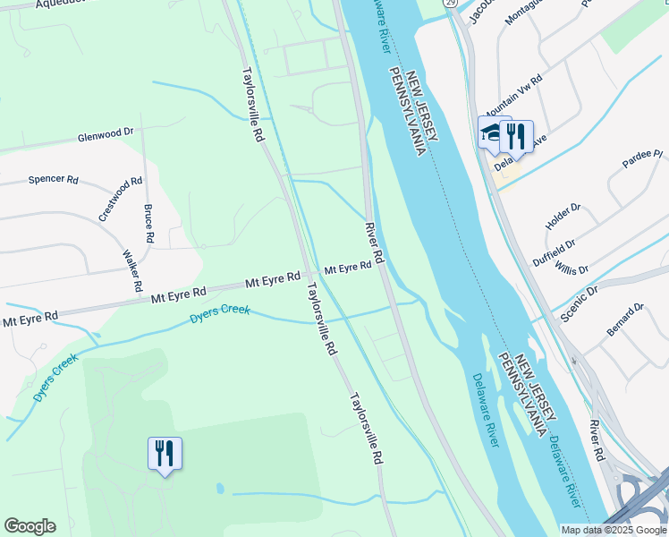 map of restaurants, bars, coffee shops, grocery stores, and more near 1155 Mount Eyre Road in Washington Crossing
