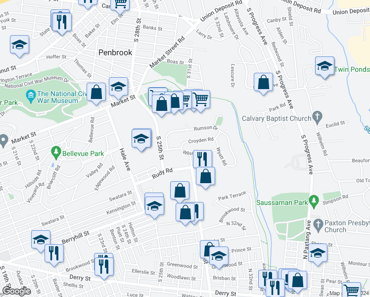 map of restaurants, bars, coffee shops, grocery stores, and more near 2806 Wilson Pkwy in Harrisburg
