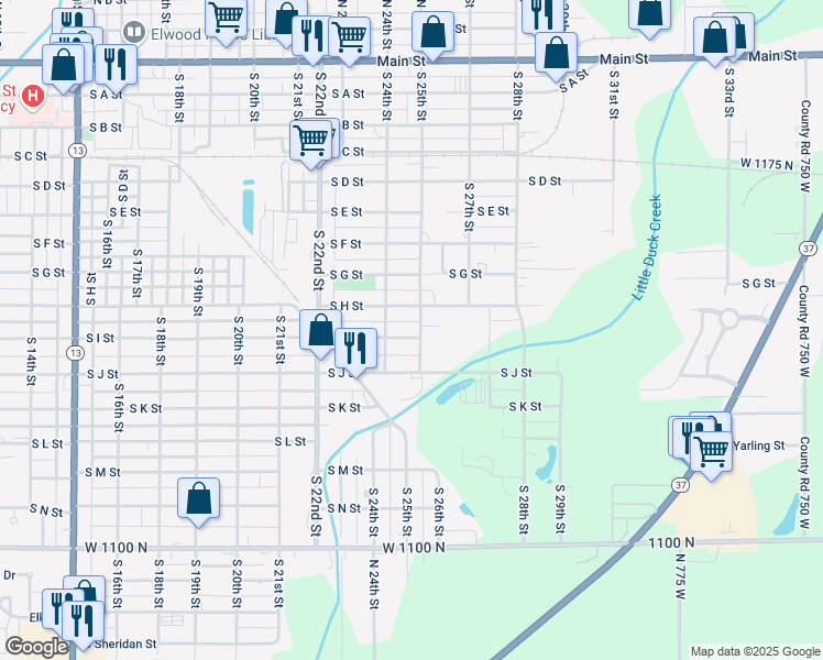 map of restaurants, bars, coffee shops, grocery stores, and more near 2430 South I Street in Elwood