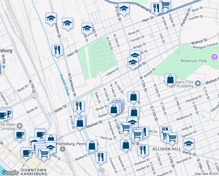 map of restaurants, bars, coffee shops, grocery stores, and more near 236 North 14th Street in Harrisburg