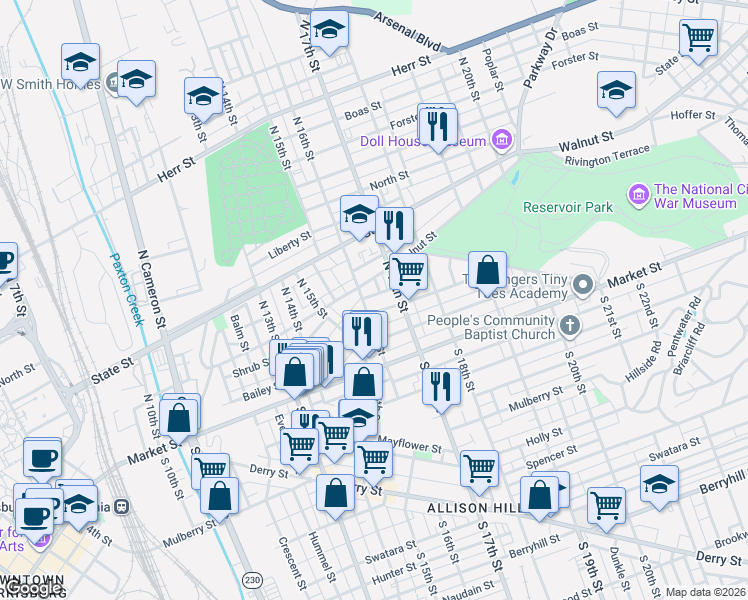 map of restaurants, bars, coffee shops, grocery stores, and more near 1632 Regina Street in Harrisburg