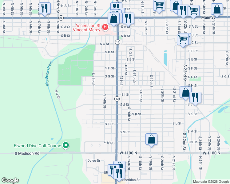 map of restaurants, bars, coffee shops, grocery stores, and more near 918 South Anderson Street in Elwood