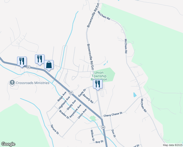 map of restaurants, bars, coffee shops, grocery stores, and more near 6153 Brownsville Road Extension in Finleyville