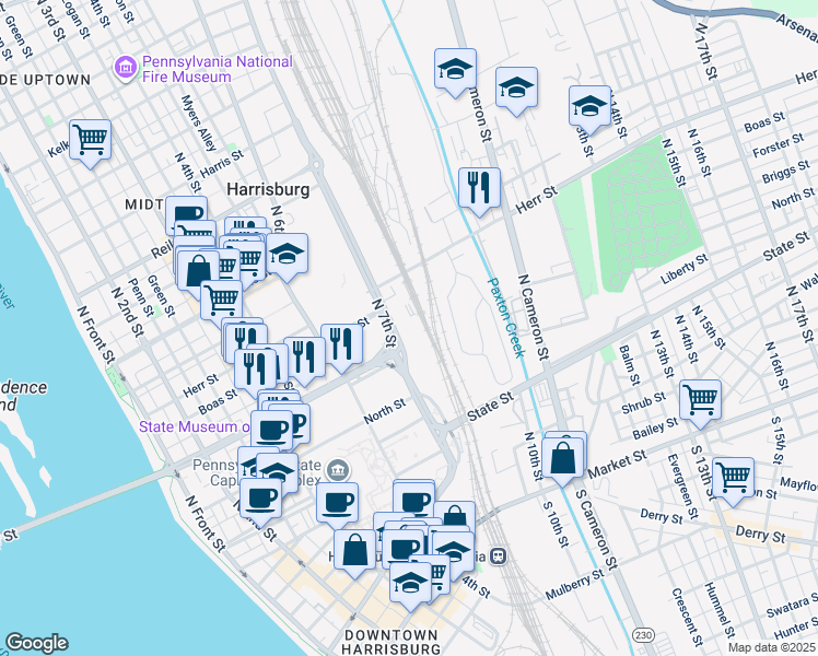 map of restaurants, bars, coffee shops, grocery stores, and more near 901 North 7th Street in Harrisburg