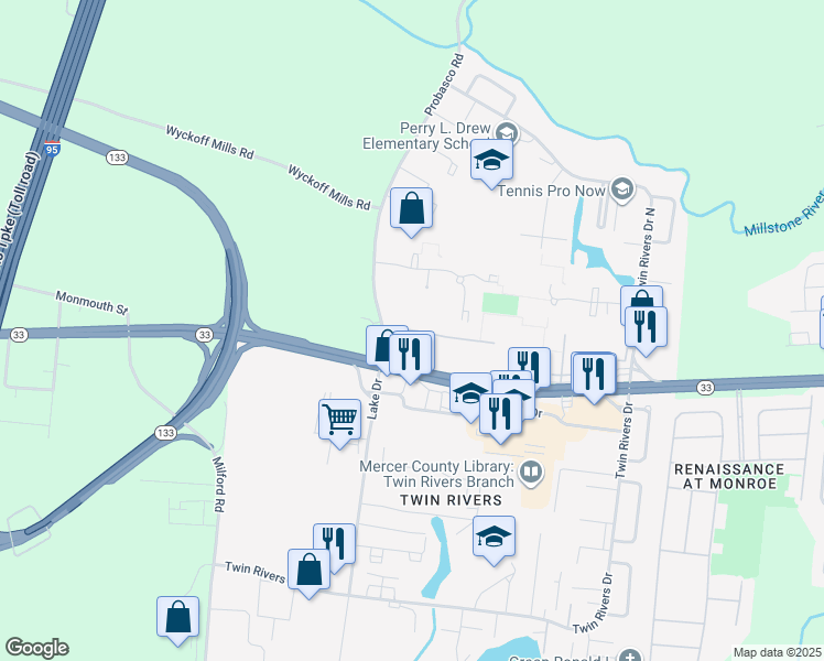 map of restaurants, bars, coffee shops, grocery stores, and more near E21 Avon Drive in East Windsor