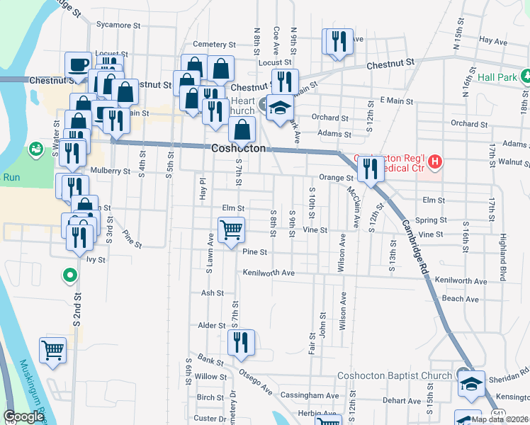map of restaurants, bars, coffee shops, grocery stores, and more near 751 Elm Street in Coshocton