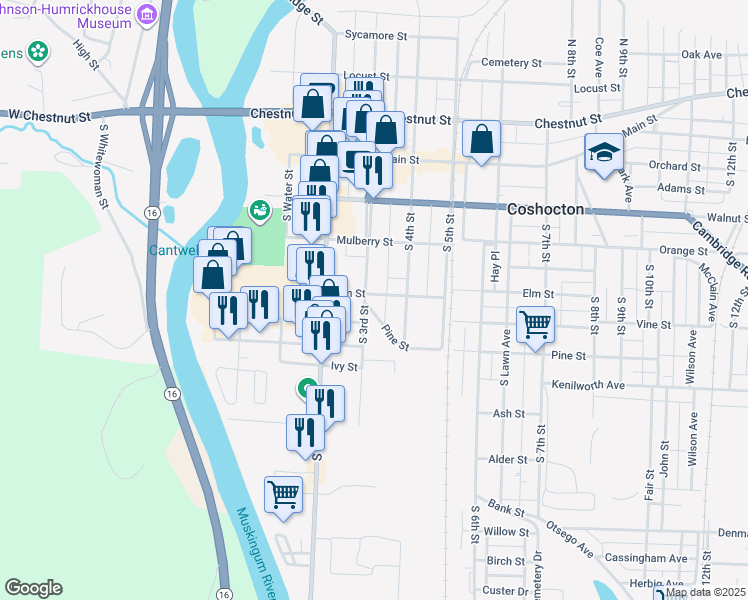 map of restaurants, bars, coffee shops, grocery stores, and more near 404 South 3rd Street in Coshocton