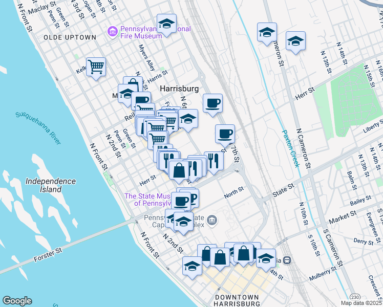 map of restaurants, bars, coffee shops, grocery stores, and more near 1100 N 6th St in Harrisburg