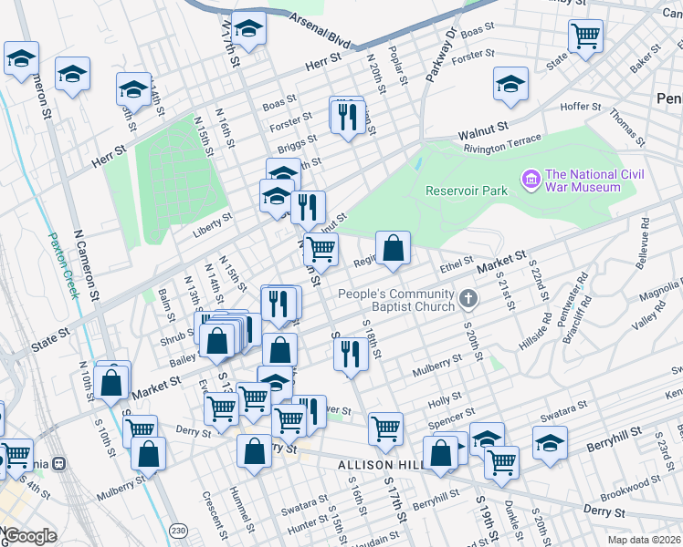map of restaurants, bars, coffee shops, grocery stores, and more near 1727 Regina Street in Harrisburg