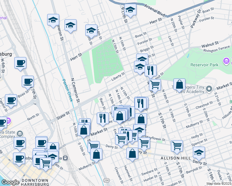 map of restaurants, bars, coffee shops, grocery stores, and more near 236 North 14th Street in Harrisburg