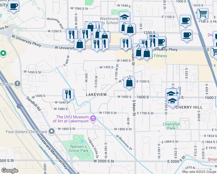 map of restaurants, bars, coffee shops, grocery stores, and more near 139 Hidden Hollow Circle in Orem
