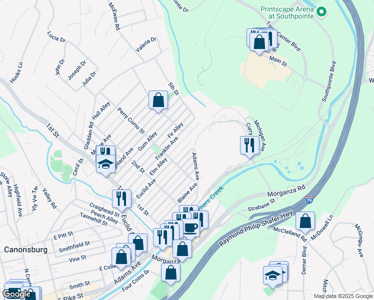 map of restaurants, bars, coffee shops, grocery stores, and more near 628 Euclid Avenue in Canonsburg