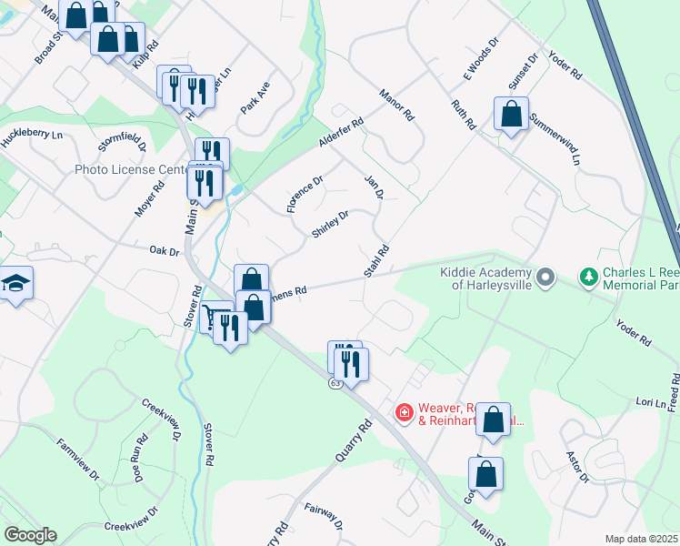 map of restaurants, bars, coffee shops, grocery stores, and more near 313 Clemens Road in Harleysville