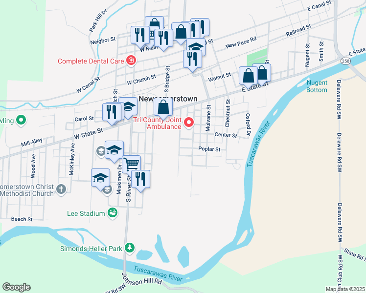 map of restaurants, bars, coffee shops, grocery stores, and more near 541 Martin Luther King Drive in Newcomerstown