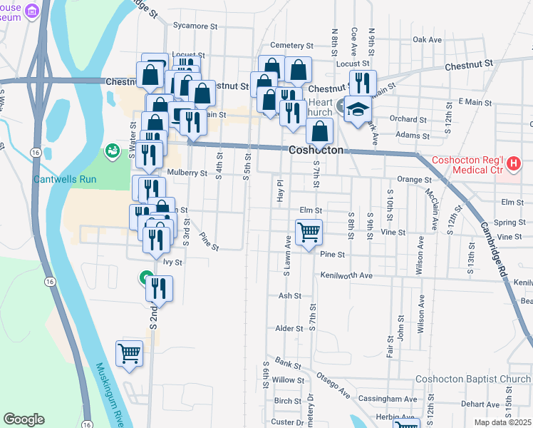 map of restaurants, bars, coffee shops, grocery stores, and more near 509 South 6th Street in Coshocton