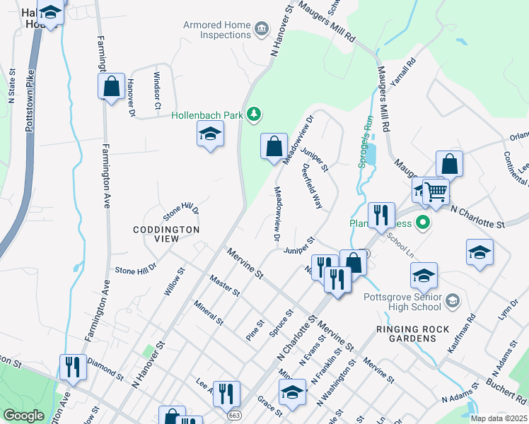 map of restaurants, bars, coffee shops, grocery stores, and more near 1293 Whitespire Circle in Pottstown