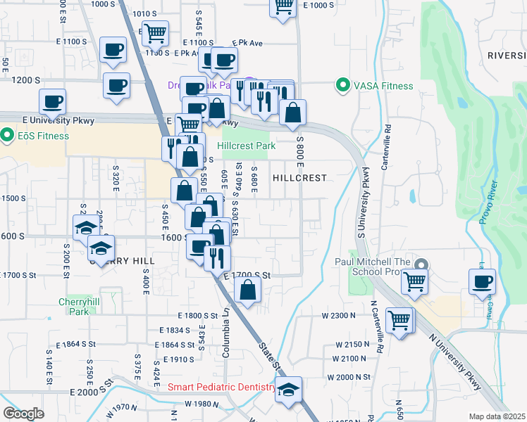 map of restaurants, bars, coffee shops, grocery stores, and more near 722 East 1500 South in Orem