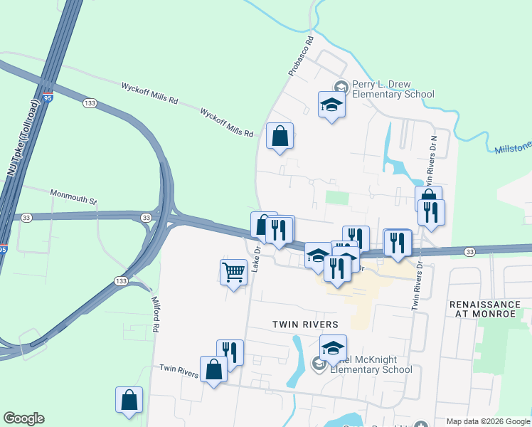 map of restaurants, bars, coffee shops, grocery stores, and more near E21 Avon Drive in East Windsor