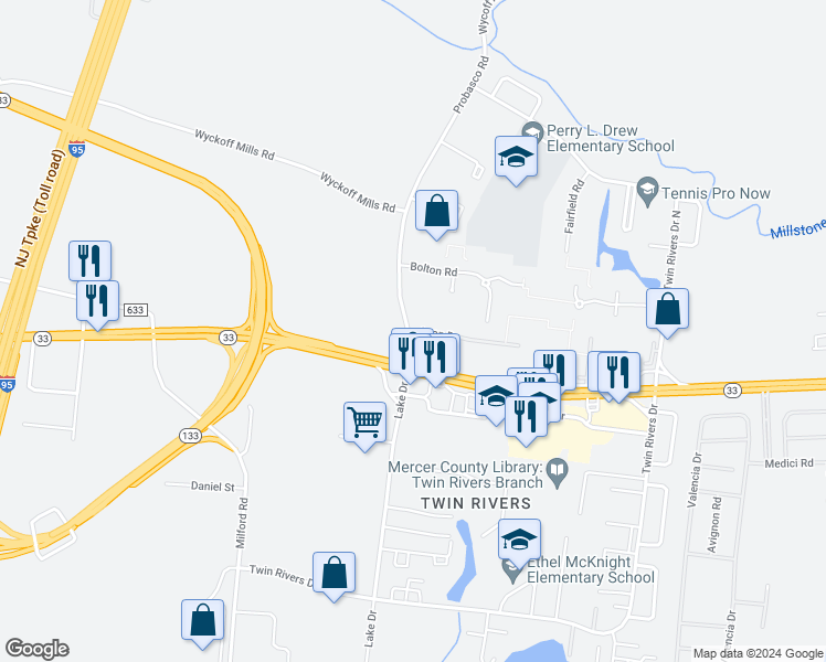 map of restaurants, bars, coffee shops, grocery stores, and more near E21 Avon Drive in East Windsor