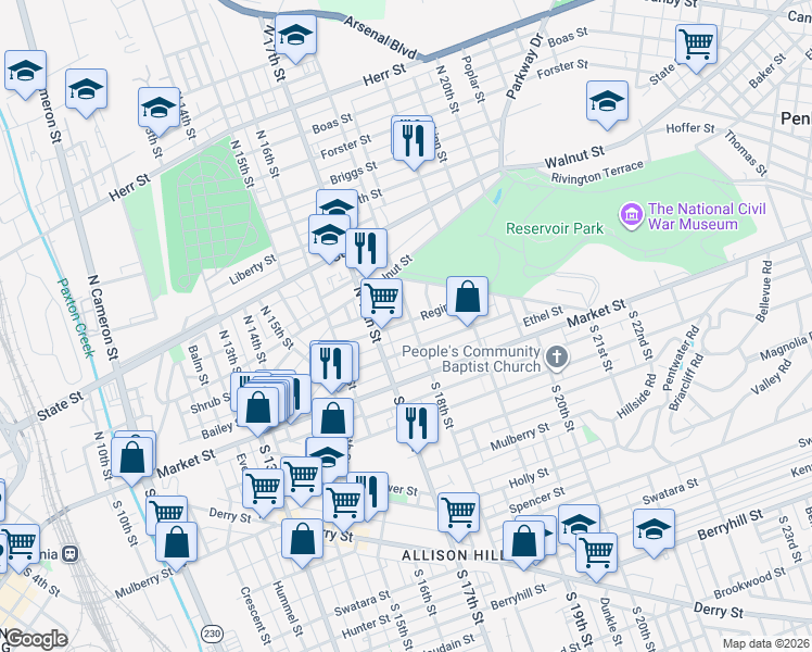 map of restaurants, bars, coffee shops, grocery stores, and more near 1727 Regina Street in Harrisburg