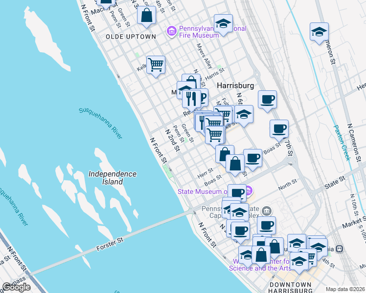 map of restaurants, bars, coffee shops, grocery stores, and more near in Harrisburg