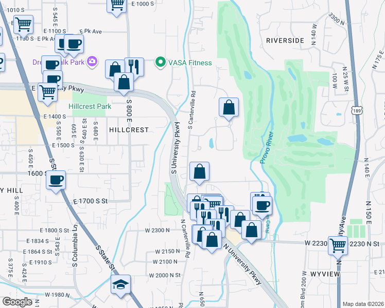 map of restaurants, bars, coffee shops, grocery stores, and more near 1545 Carterville Road in Orem