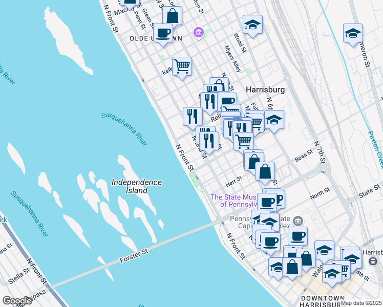 map of restaurants, bars, coffee shops, grocery stores, and more near 109 Calder Street in Harrisburg