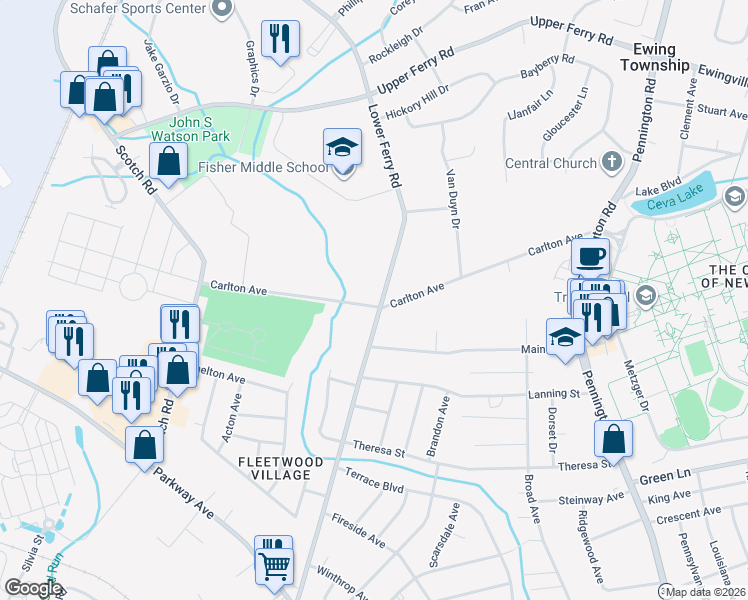 map of restaurants, bars, coffee shops, grocery stores, and more near 100 Carlton Avenue in Ewing Township