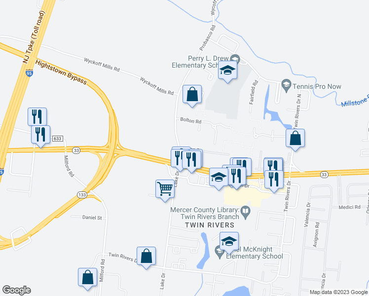 map of restaurants, bars, coffee shops, grocery stores, and more near 24 Avon Drive in East Windsor