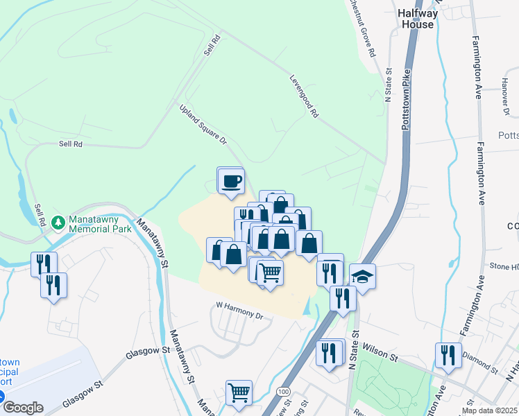 map of restaurants, bars, coffee shops, grocery stores, and more near Upland Square Drive in Pottstown