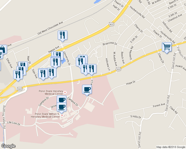 map of restaurants, bars, coffee shops, grocery stores, and more near 266 Crescent Drive in Hershey