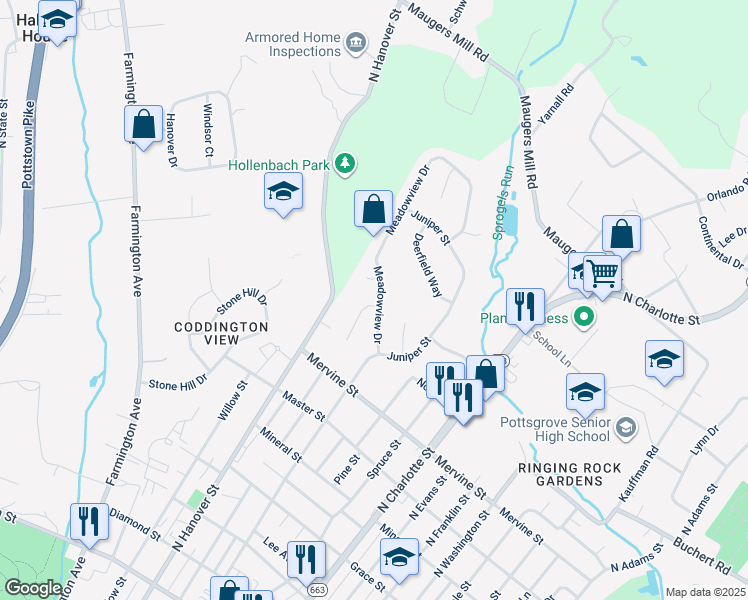 map of restaurants, bars, coffee shops, grocery stores, and more near 1297 Whitespire Circle in Pottstown